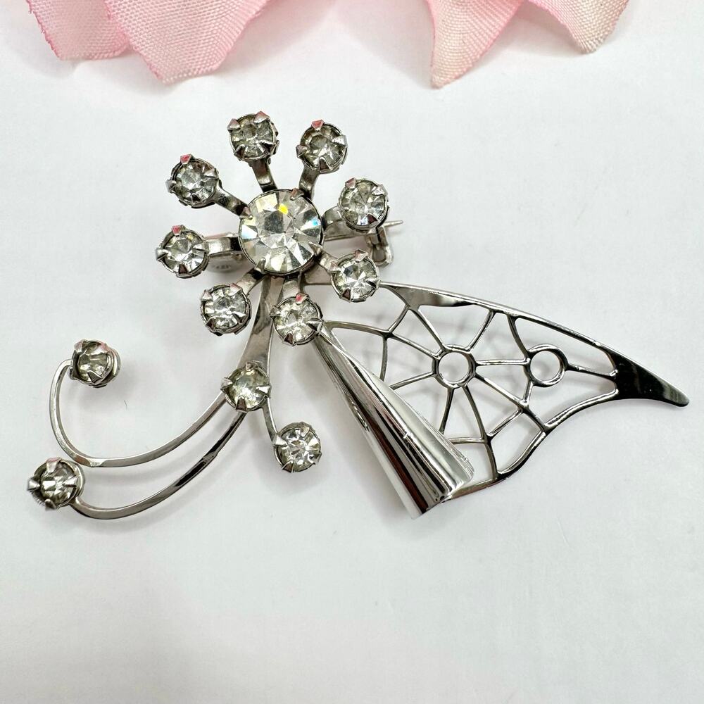 Vintage Prestige? Floral Rhinestone Rivet Openwork Whimsical Pin Brooch Wing MCM